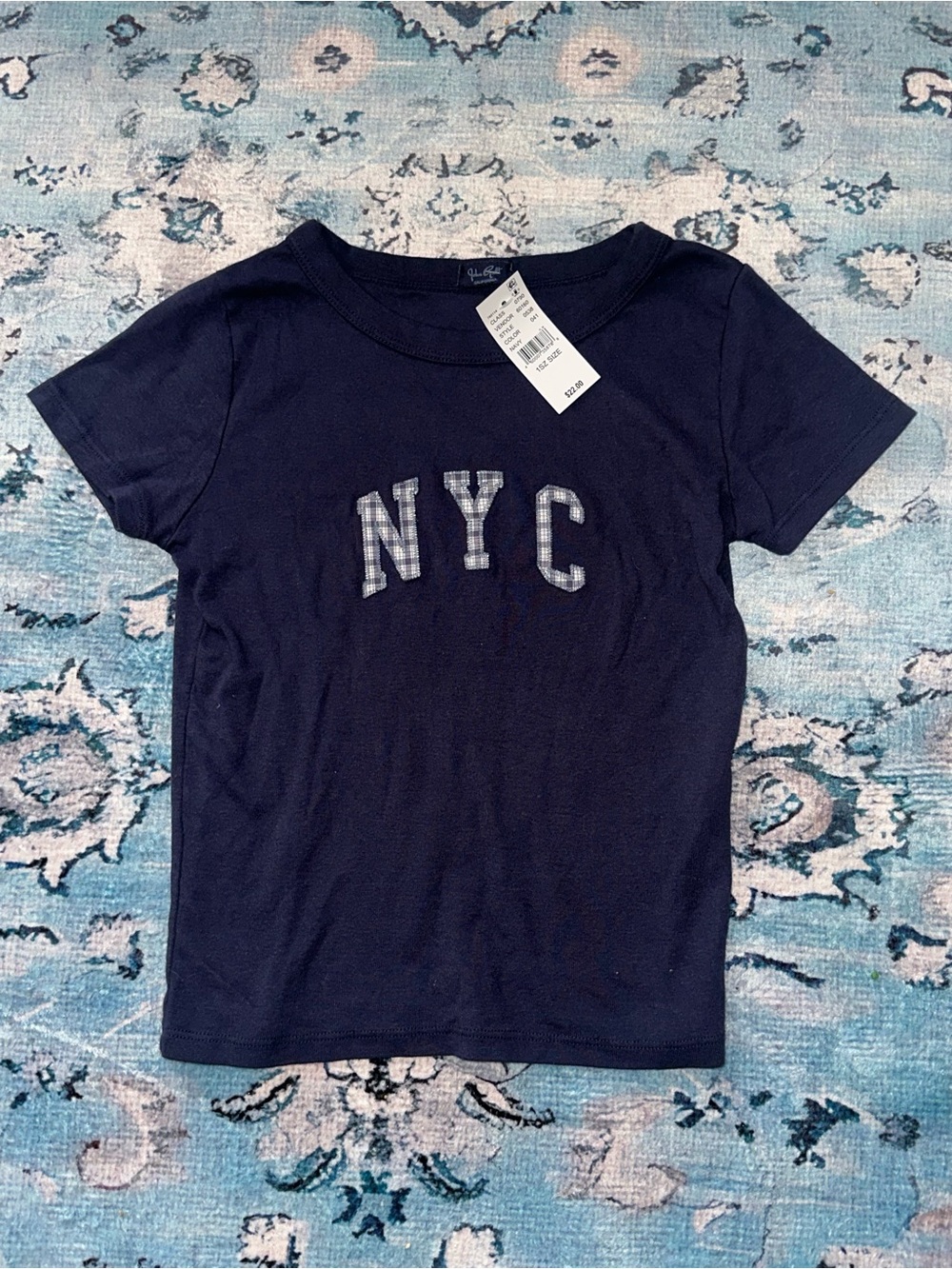 NWT Brandy Melville Ashlyn NYC Plaid Patchwork Baby Tee Navy Rare John Galt